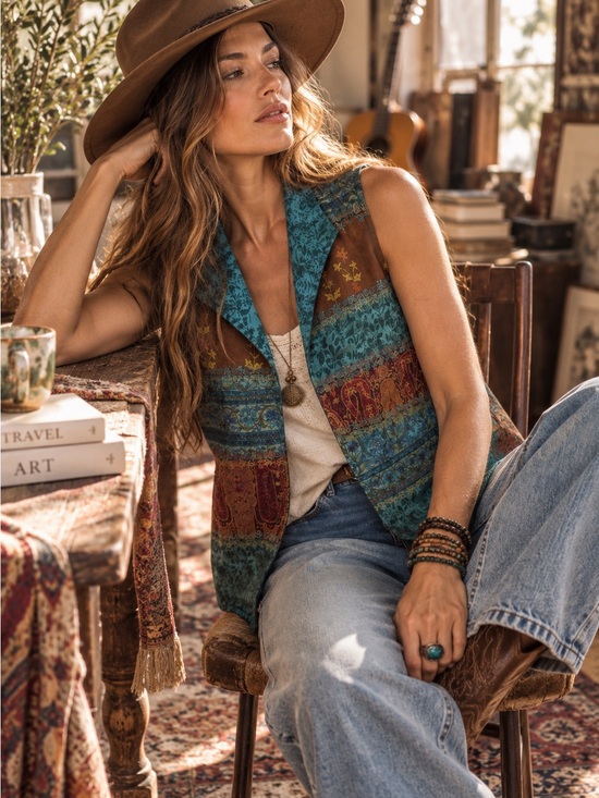 Coldwater Creek Jackets & Blazers - Coldwater Creek Teal Patchwork Silk Vest Womens Large Boho Western Artsy